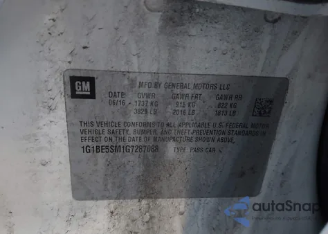 2016 Chevrolet Cruze Lt Auto z USA, uszkodzony, nr VIN 1G1BE5SM1G7287088